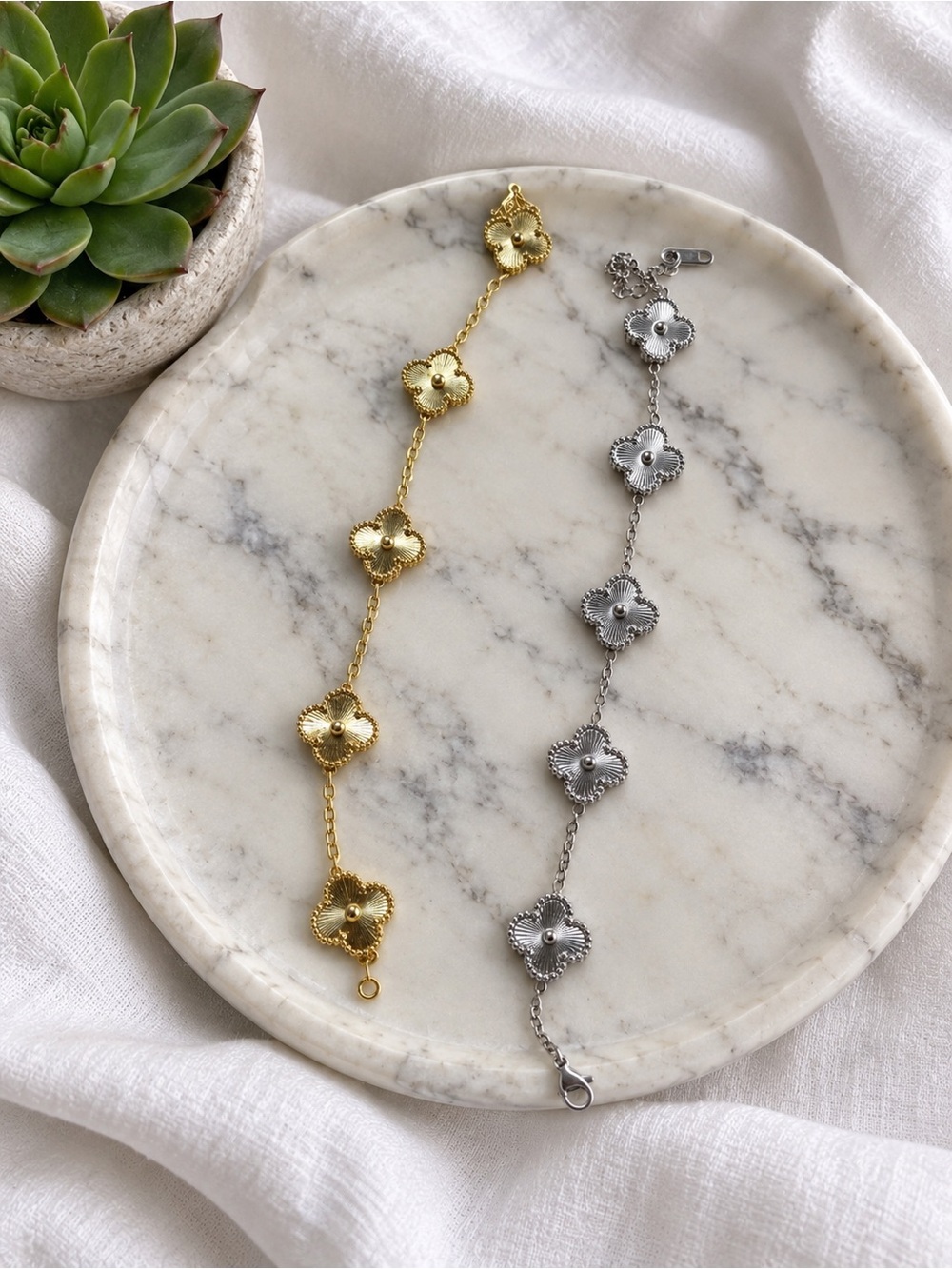 Delicate Floral Link Bracelet Set in Gold and Silver